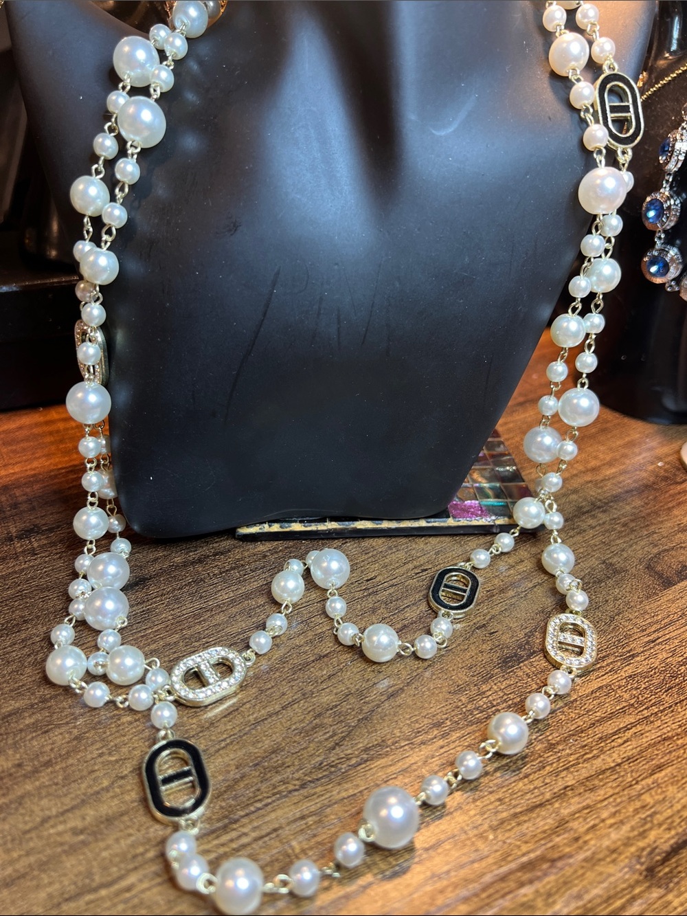Pearl Station Long Necklace with Gold-Tone and Black Accents